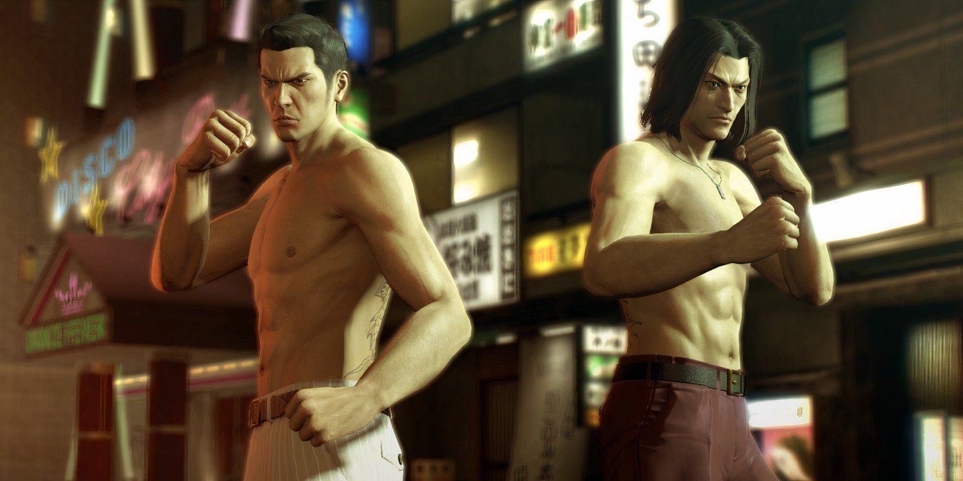 Yakuza-0-Shirtless-Kazuma-Kiryu-and-Akira-Nishikiyama-preparing-for-a-fight