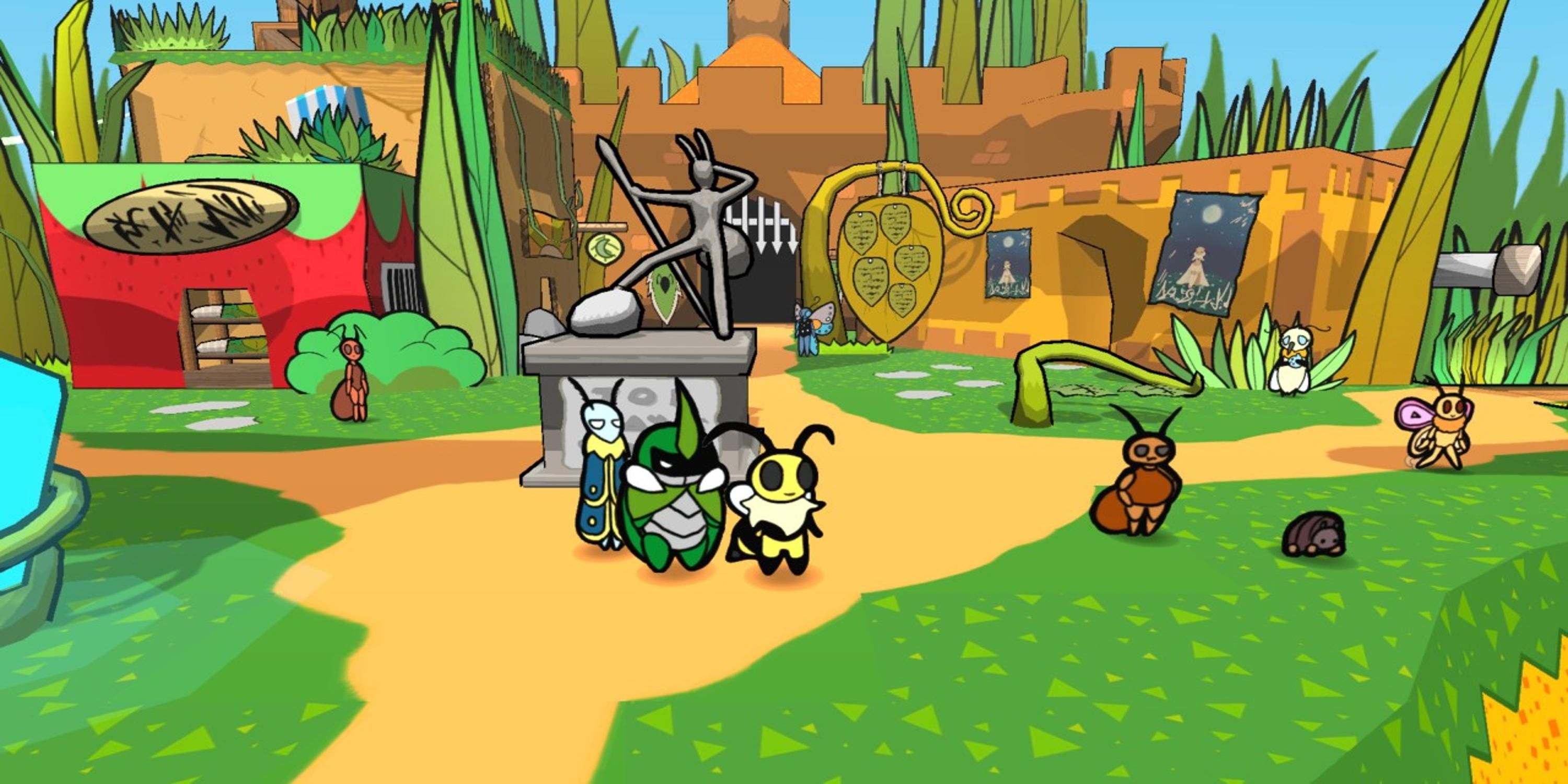 3 bugs standing next to a statue in Bug Fables The Everlasting Sapling