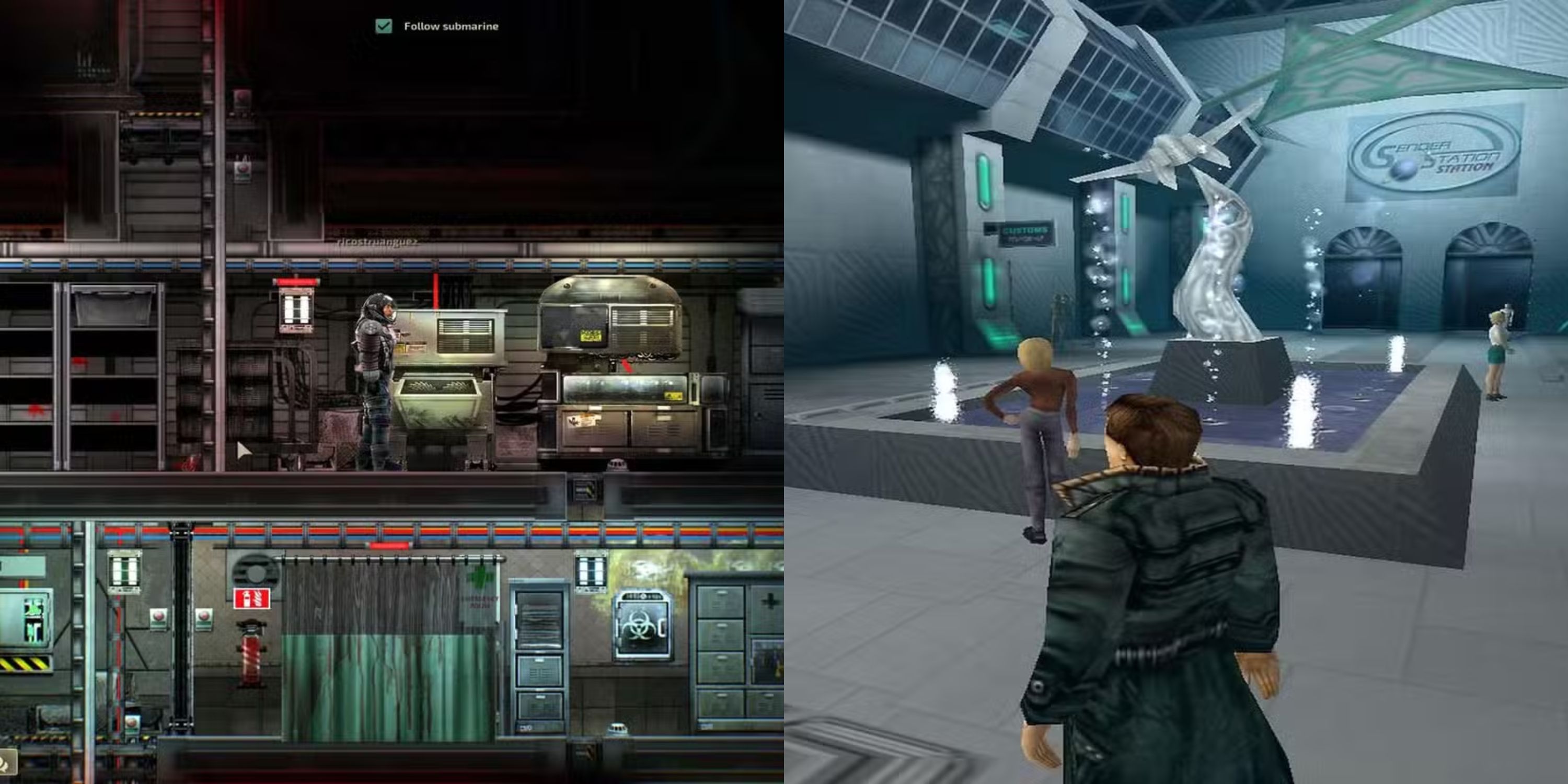 A combined image of gameplay from Anachronox and Barotrauma