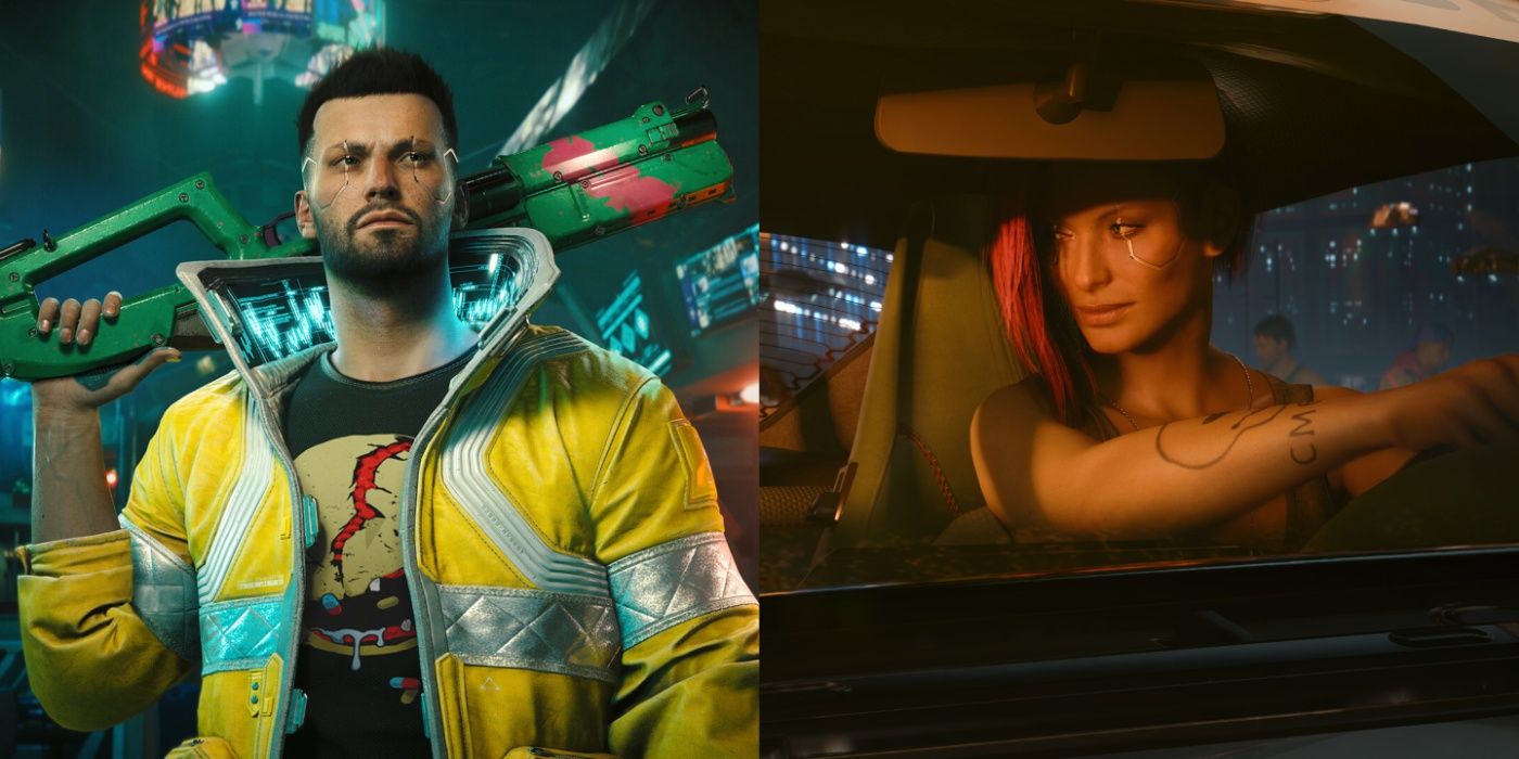 Cyberpunk-2077-Split-Image-of-Male-V-with-shotgun-and-Female-V-in-car