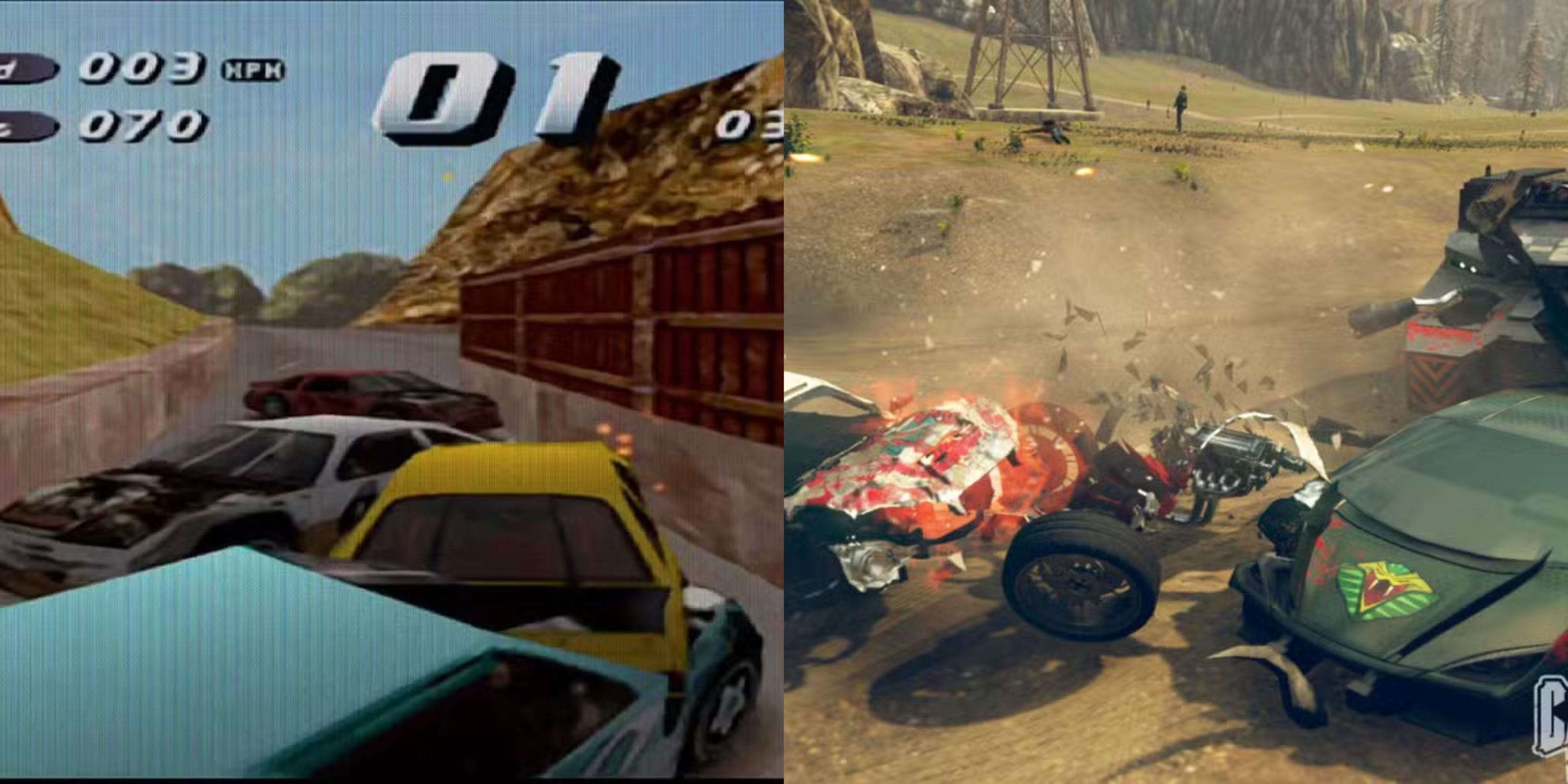 A combined image of cars crashing gameplay from Destruction Derby 2 and Carmageddon Max Damage