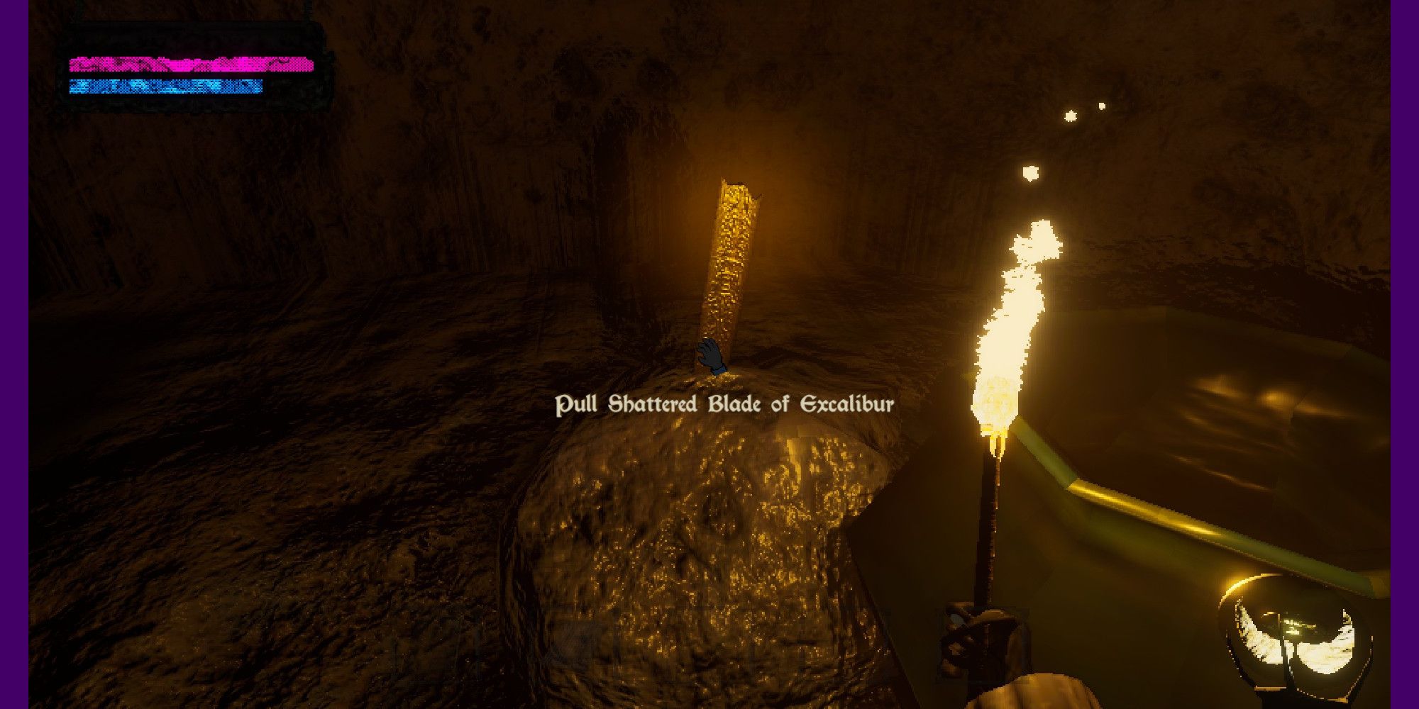 A player looking at the Shattered Blade of Excalibur. 
