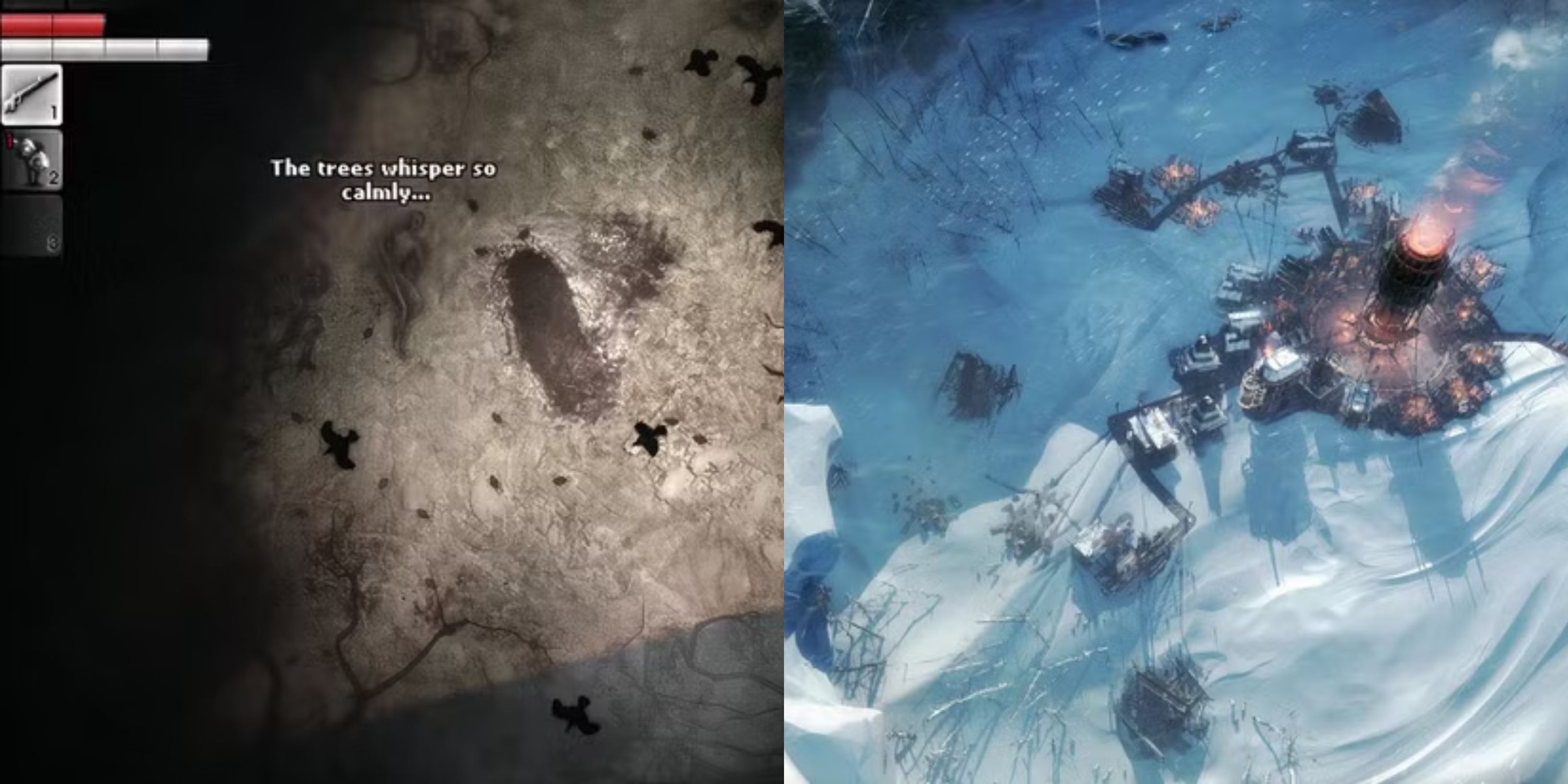 A combined image of gameplay from Frostpunk and Darkwood