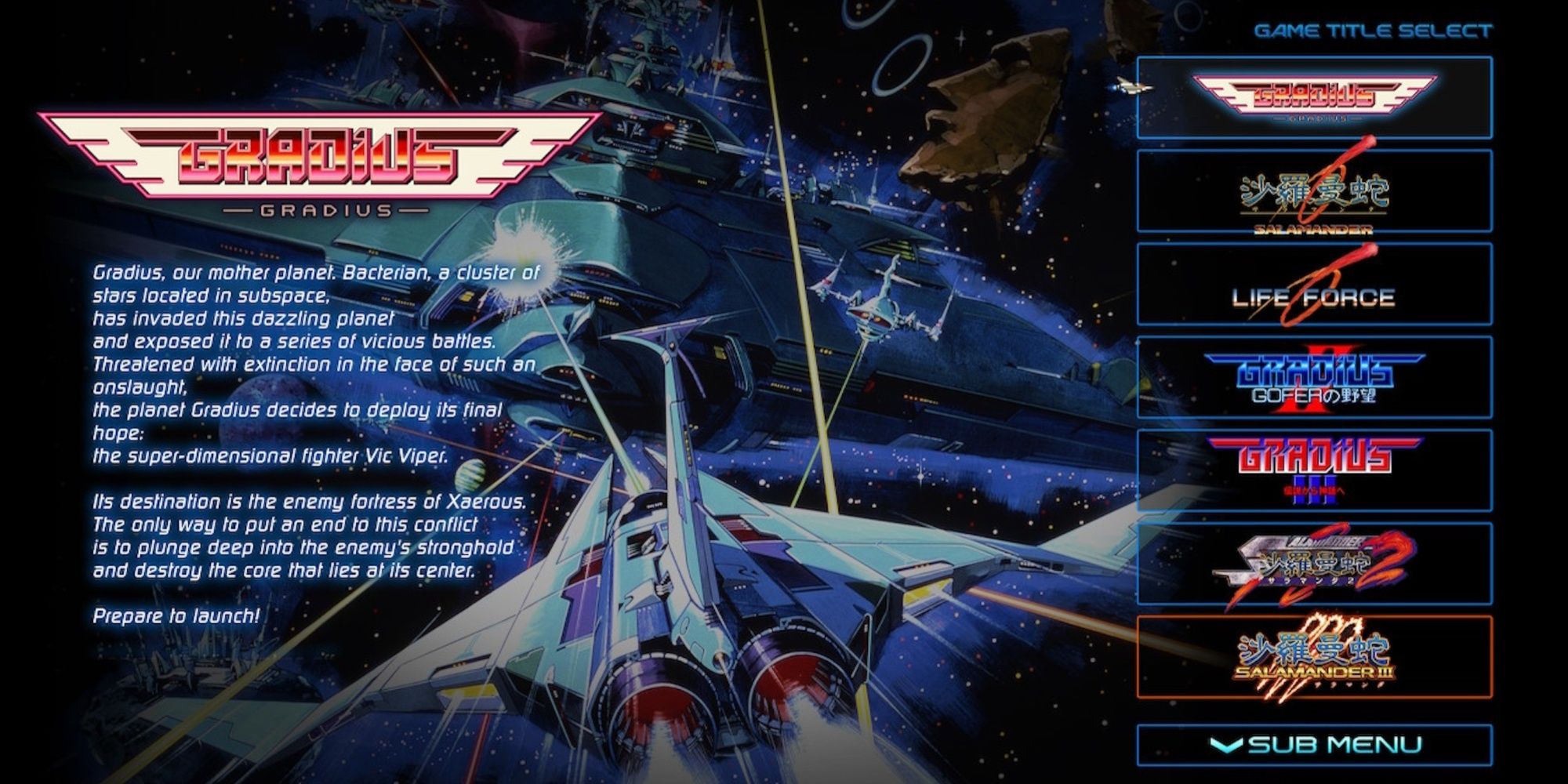 Gradius-Origins-The-Select-Screen-of-all-seven-games-in-the-collection