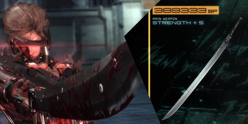 Metal-Gear-Rising-Split-Image-Jack-the-Ripper-wielding-bloody-High-Frequency-Blade-and-upgrade-menu-of-High-Frequency-Blade