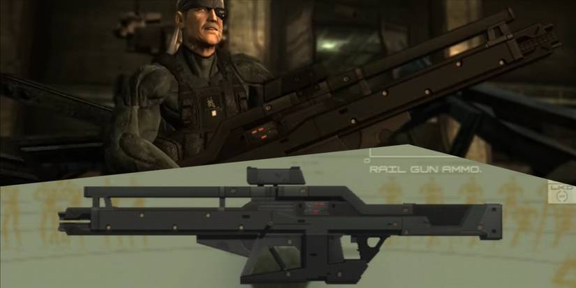 Metal-Gear-Solid-4-Split-Image-Old-Snake-carrying-Rail-Gun-and-weapon-view-of-Rail-Gun-model