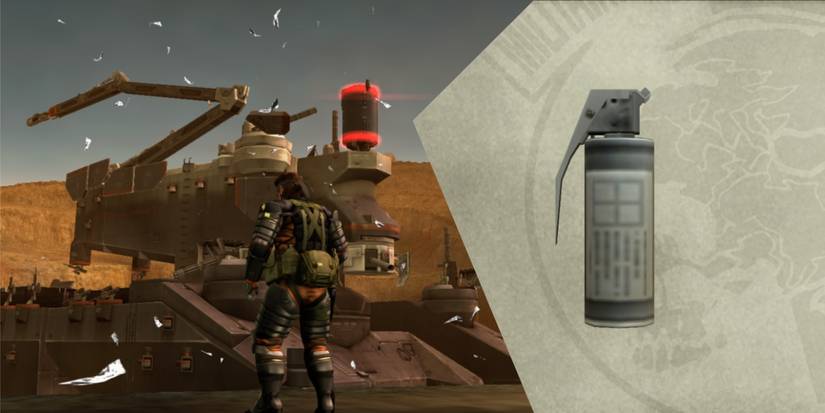 Metal-Gear-Solid-Peace-Walker-Split-Image-Big-Boss-fighting-Cocoon-with-Chaff-particles-in-air-and-weapon-view-of-Chaff-Grenade-model