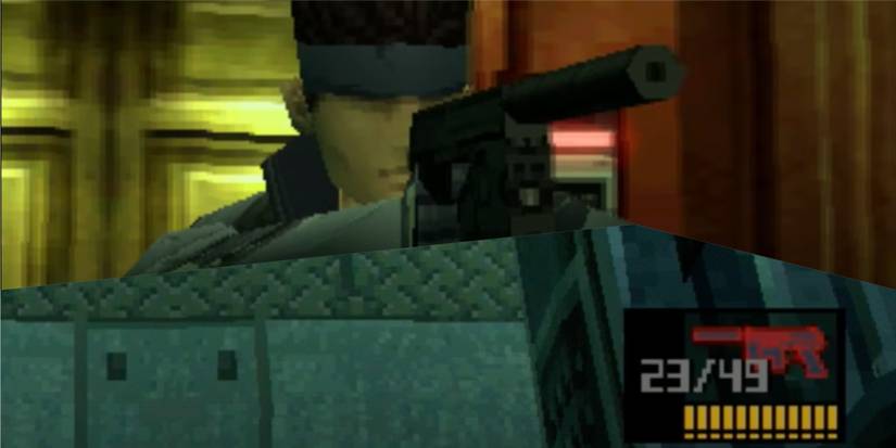 Metal-Gear-Solid-Split-Image-Solid-Snake-aiming-SOCOM-and-Weapon-menu-view-of-SOCOM-icon