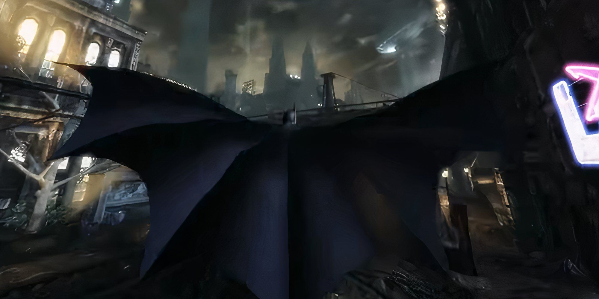 Batman Arkham City flying through city