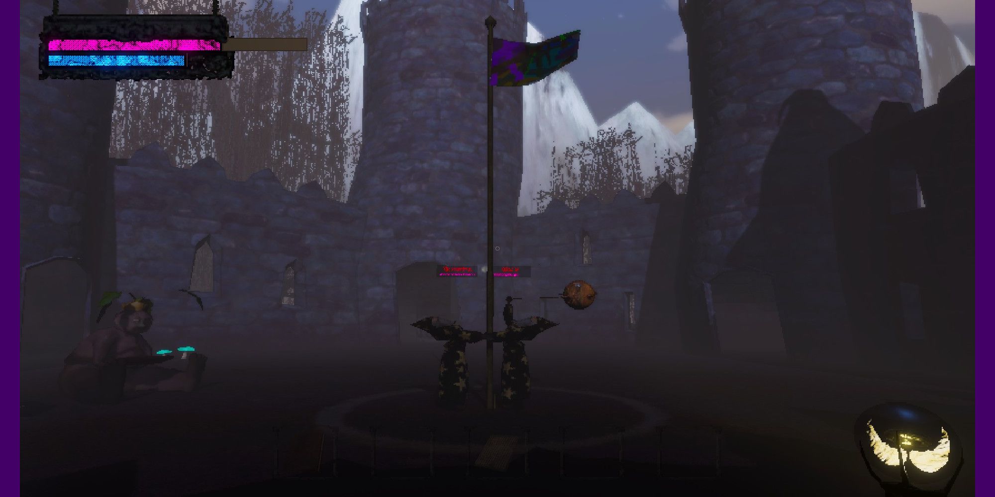 An enemy flag in Mage Arena, flanked by two guards posing sillily. 