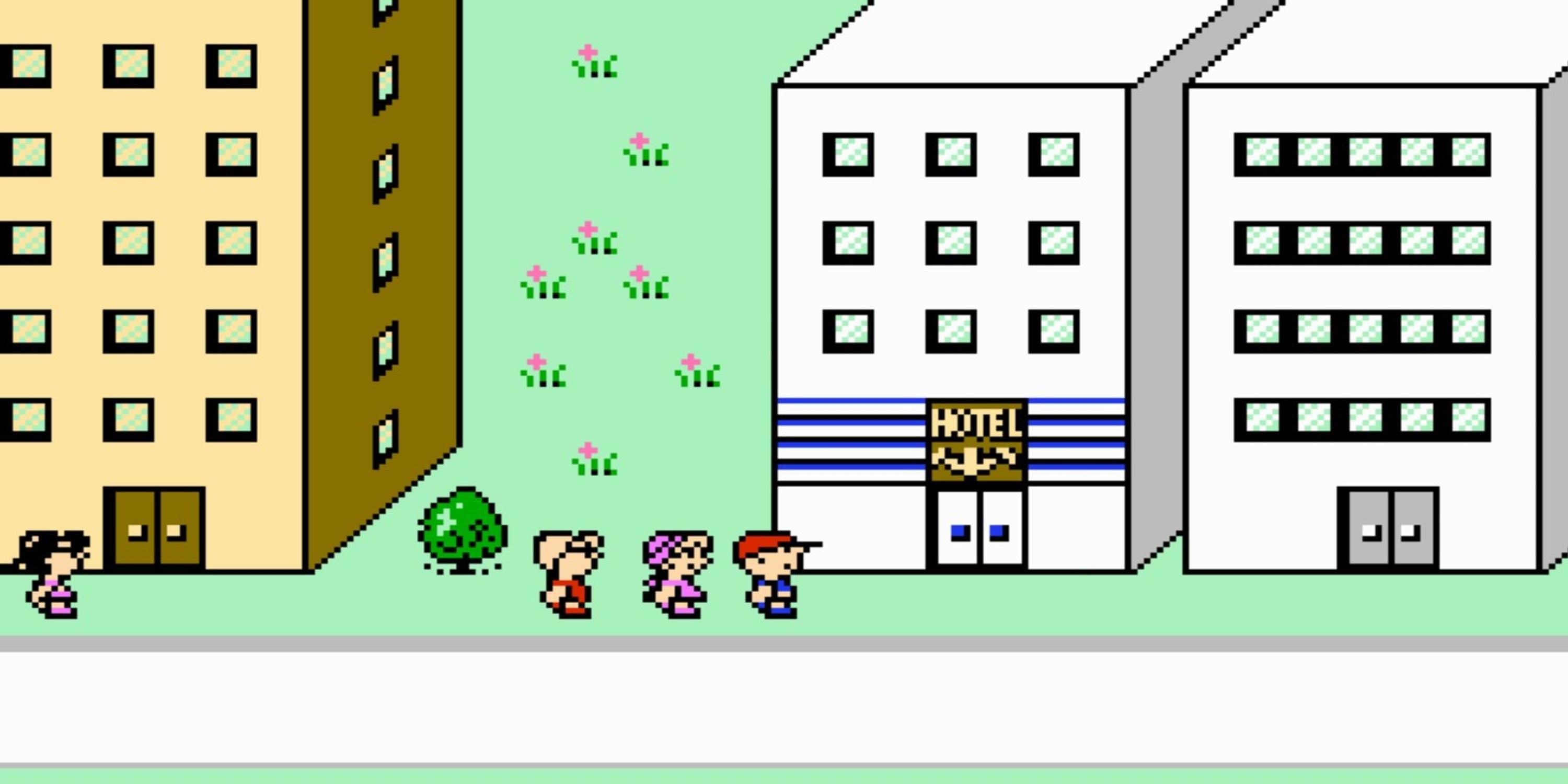 Standing outside a hotel in Earthbound Beginnings